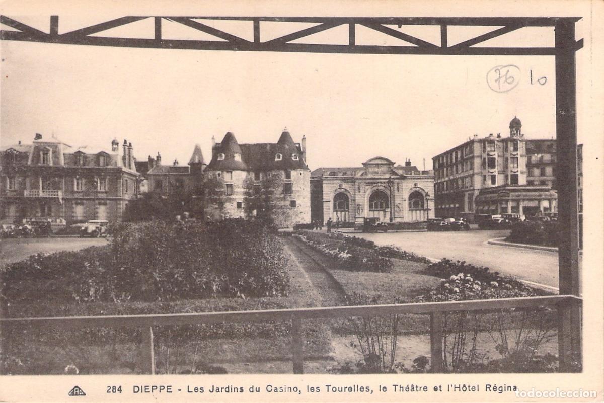 Postales: Postal de Dieppe: Jardines del Casino y Hotel Regina en Francia