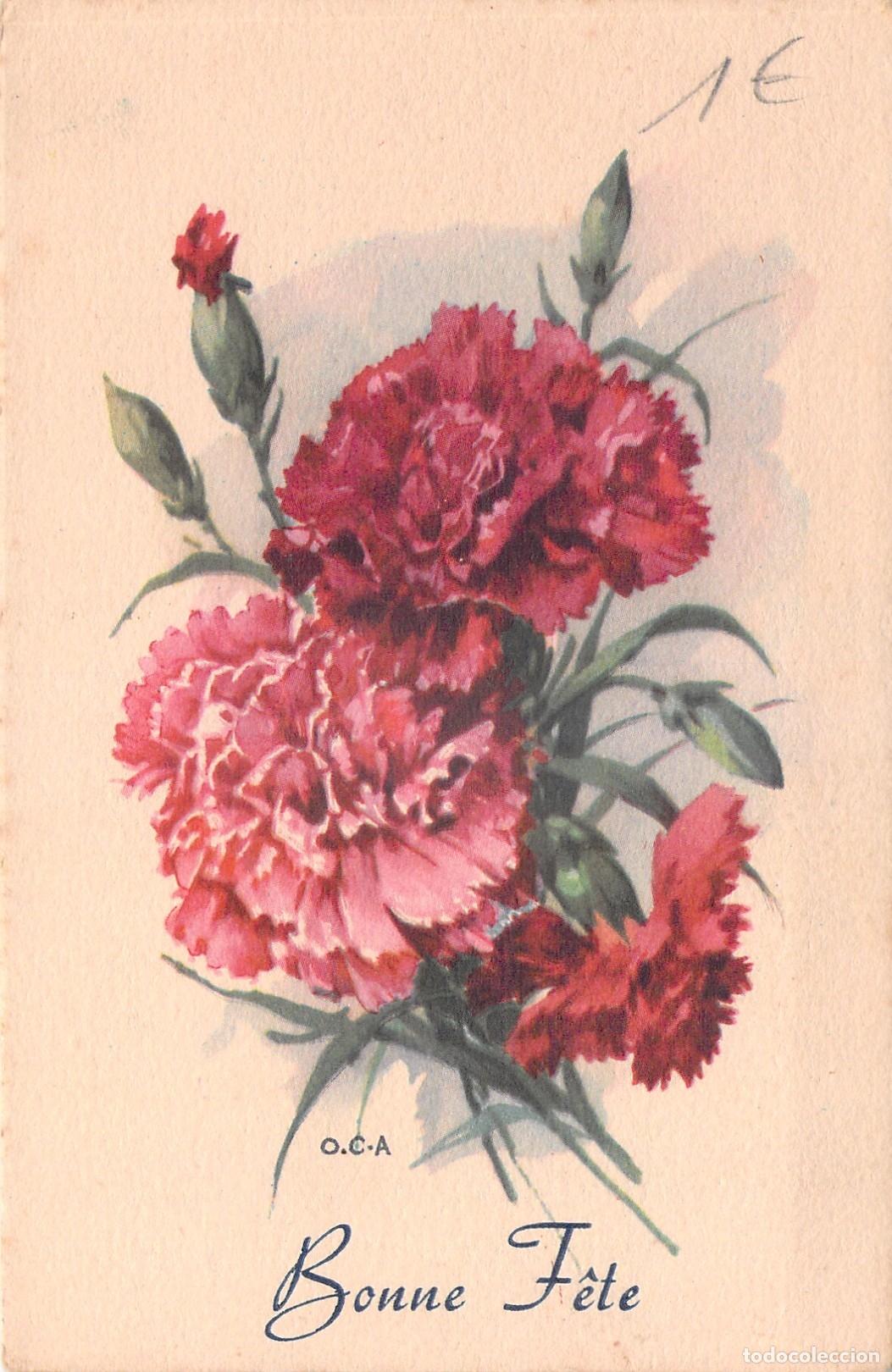 Postales: Postal con ilustraci&oacute;n de flores de claveles y mensaje de felicitaci&oacute;n