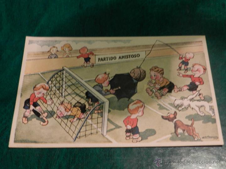 Collectionnisme sportif: POSTAL HUMORISTICA DE FUTBOL , PARTIDO AMISTOSO, SE&Ntilde;ALES DE USO