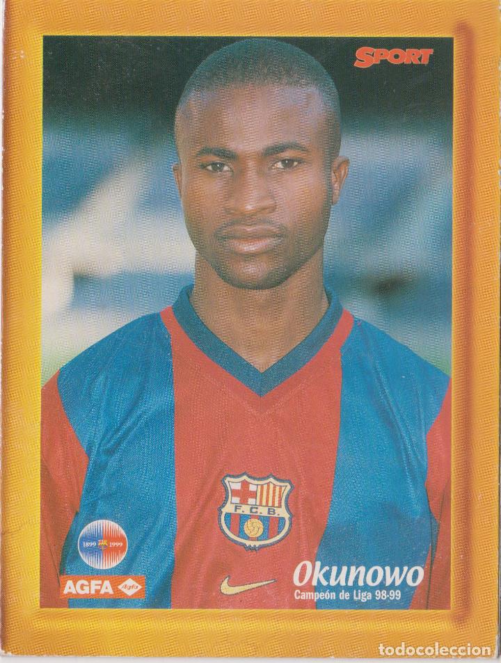 Coleccionismo deportivo: OKUNOWO &ndash; CAMPEON DE LIGA 98-99 F.C.BARCELONA &ndash; AGFA SPORT PORTARETRATO CARTON (12X16)
