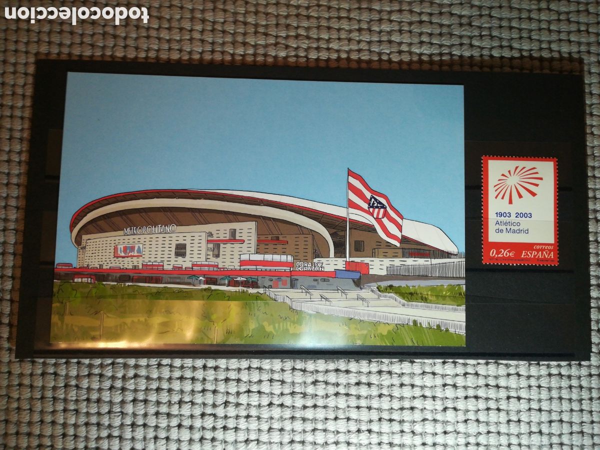 Coleccionismo deportivo: Ilustraci&oacute;n del Atl&eacute;tico de Madrid y sello del centenario
