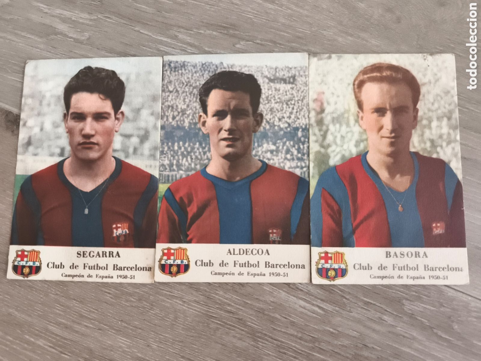 Coleccionismo deportivo: 3POSTALES ALDECOA BASORA UN SEGARRA, BAR&Ccedil;A, CAMPEON ESPA&Ntilde;A 1950-51, CONCURSO CHAMPA&Ntilde;A CASTELLBLANCH