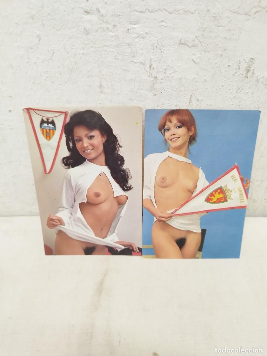 Coleccionismo deportivo: Lote de 2 tarjetas postales eroticas de mujeres y futbol. Zaragoza, Valencia.