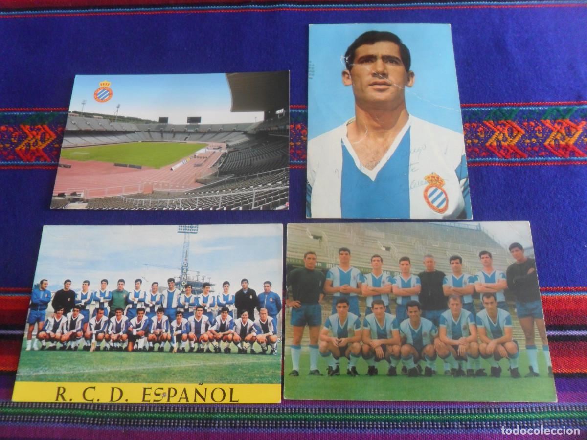 Coleccionismo deportivo: 4 POSTAL RCD ESPA&Ntilde;OL ALINEACI&Oacute;N 1967, PLANTILLA 1968 69, OSORIO CON AUT&Oacute;GRAFO 1968 Y MONTJUIC. RARAS