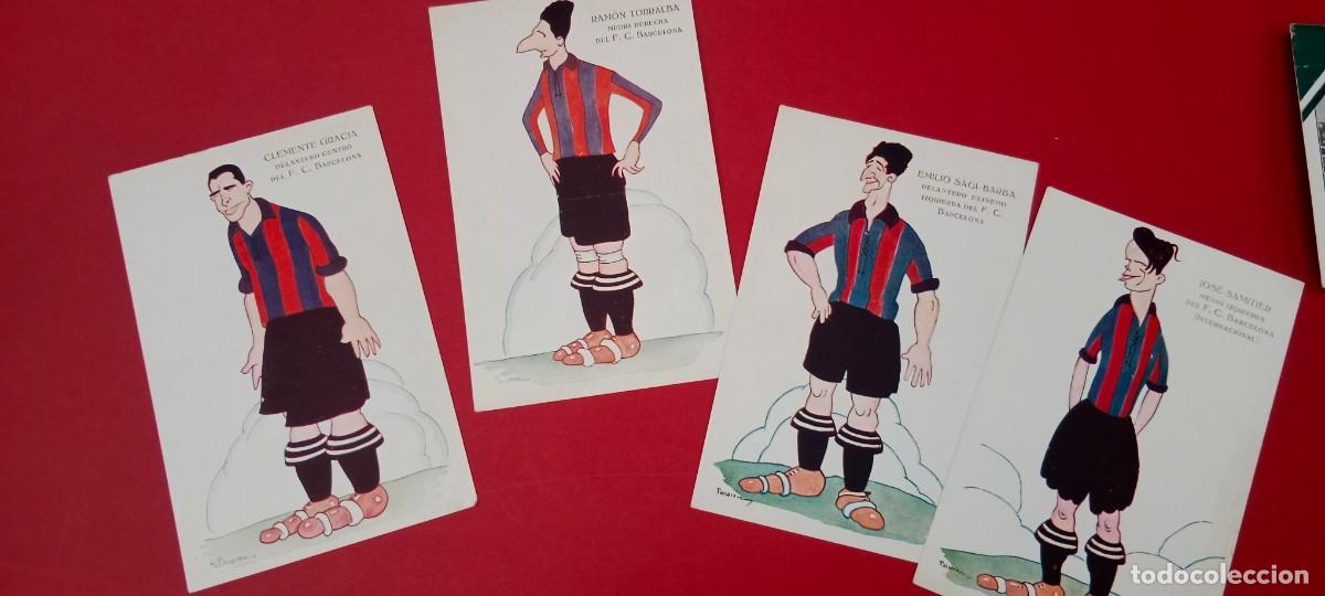 Coleccionismo deportivo: F. C. BARCELONA - 4 POSTALES - CARICATURAS - SAMITIER - SAGI BARBA - RAMON TORRALBA -CLEMENTE GRACIA