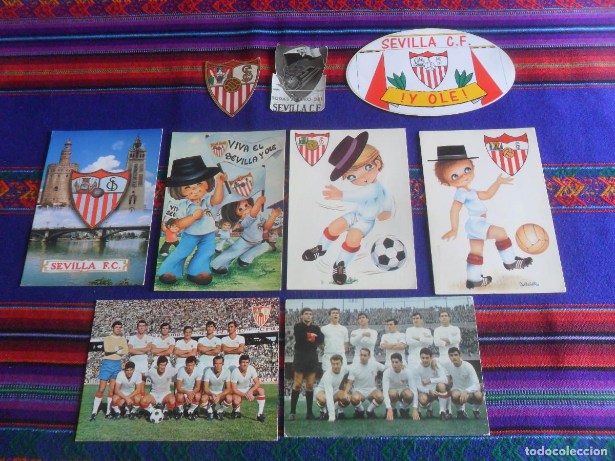 Coleccionismo deportivo: 6 POSTAL SEVILLA FC ALINEACI&Oacute;N 1967, 1970 1971, RECUERDO BODAS DE ORO, PEGATINA, ESCUDO Y 68 FOTOS.