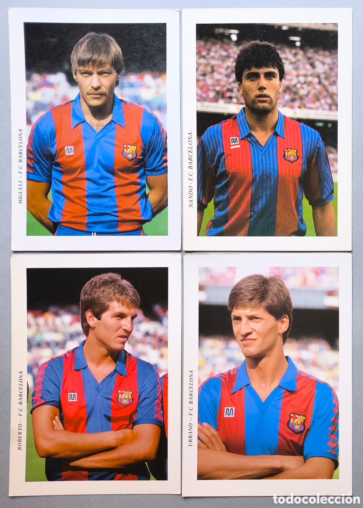 Coleccionismo deportivo: BAR&Ccedil;A F&Uacute;TBOL POSTAL MEYBA POSTCARD F.C. BARCELONA LOTE 4 MIGUELI NANDO ROBERT URBANO