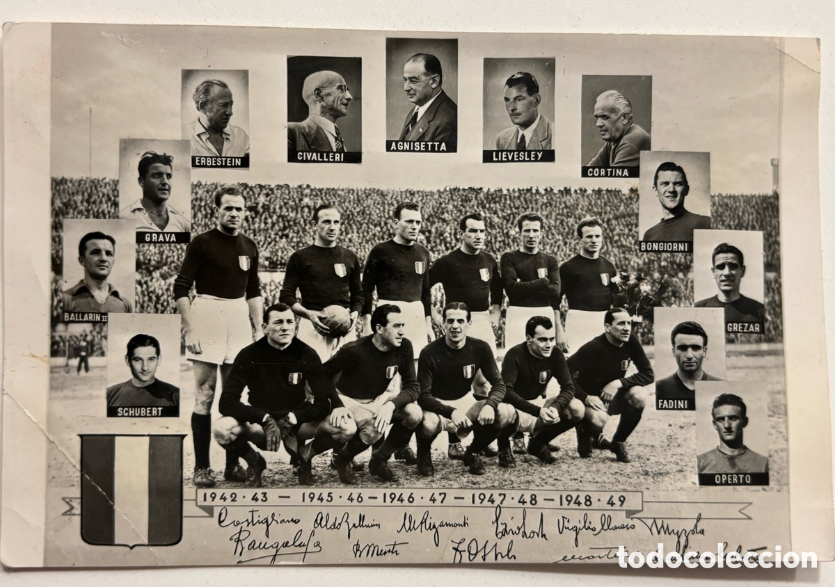 Coleccionismo deportivo: Tarjeta original conmemorativa equipo de f&uacute;tbol de Tur&iacute;n grande Torino muertos en accidente de avi&oacute;n