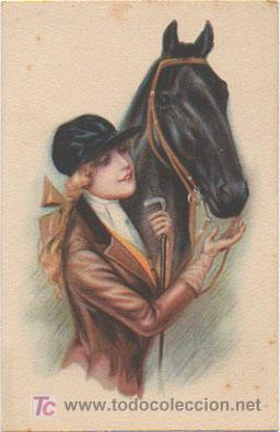 Postales: POSTAL ILUSTRADA. MUJER Y CABALLO. - Foto 1