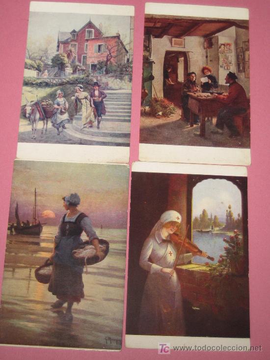 Postales: LOTE DE 4 POSTALES ANTIGUAS. PINTADAS A MANO - A&Ntilde;OS 20
