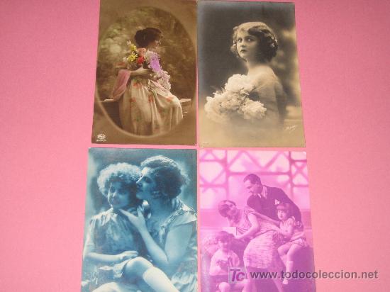 Postcards: LOTE DE 4 POSTALES  ANTIGUAS. PINTADAS A MANO - A&Ntilde;OS 20 -