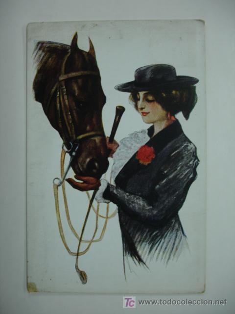 Postales: POSTAL ILUSTRADA. MUJER Y CABALLO. - Foto 1
