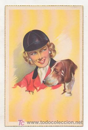Postales: POSTAL ILUSTRADA. MUJER Y PERRO. - Foto 1