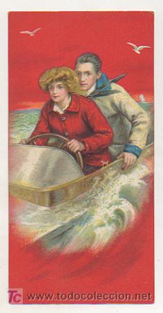 Postales: POSTAL ILUSTRADA. PAREJA. CON UNA LANCHA. 15 X 7,5 CM.