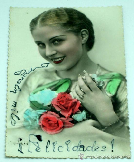 Cartoline: Postal Felicidades Chica con rosas 1945