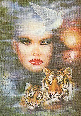 Cartoline: mujer con tigres y paloma