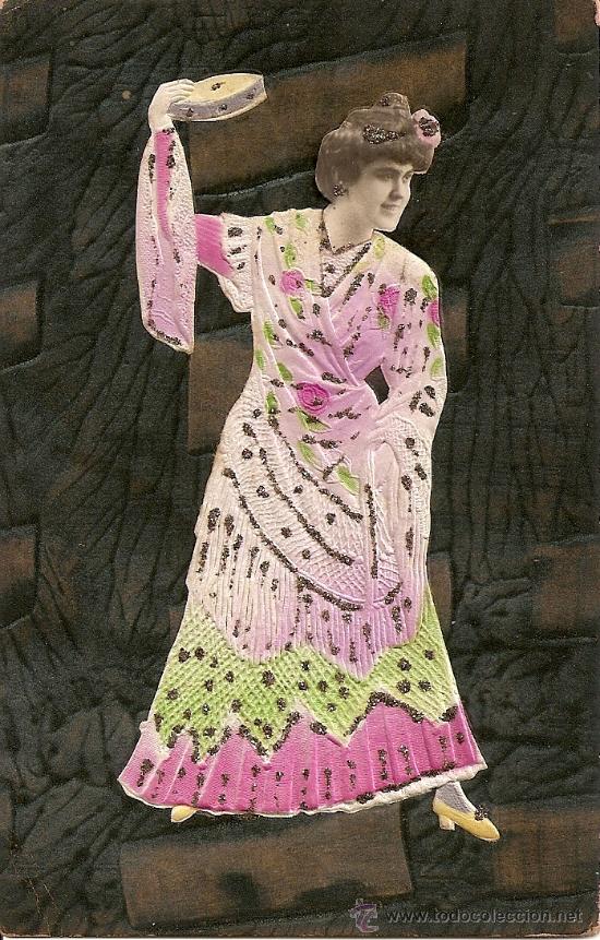 Postais: EXQUISITA POSTAL FECHADA EN 1910 (DAMA TOCANDO LA PANDERETA)