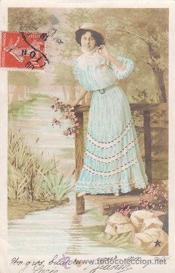 Cartoline: chica en el jardin, vestido coloreado amano, circulada en 1909