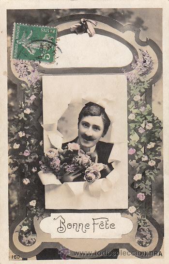 Cartoline: Felicitaci&oacute;n, hombre con flores, circulada