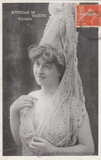 Cartoline: Marcelle de Villiers, actriz de teatro en una represnetaci&oacute;n en el Olympia de Paris, circulada 1913?