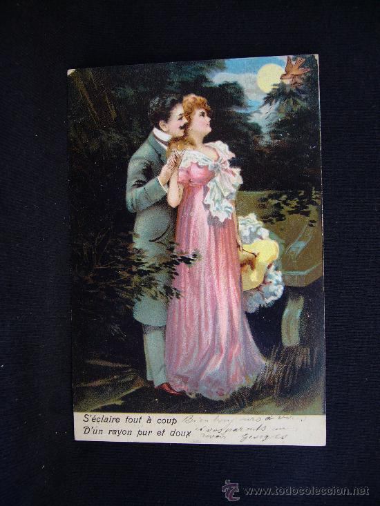 Postais: Postal Rom&aacute;ntica. Hombre y mujer contemplando la luna. A&ntilde;o 1905.