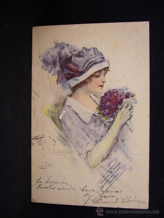 Postais: Postal Rom&aacute;ntica. Mujer con ramo. A&ntilde;o 1918.