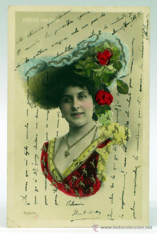 Postkarten: Postal artista Jancs&oacute; Valeria coloreada purpurina 1042/4 PP s XX escrita 1904 sin dividir