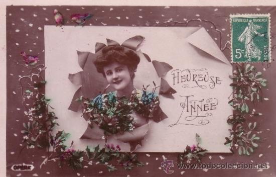 Postais: POSTAL ROMANTICA - MUJER - FLORES - FELICITACION A&Ntilde;O - 1910/20
