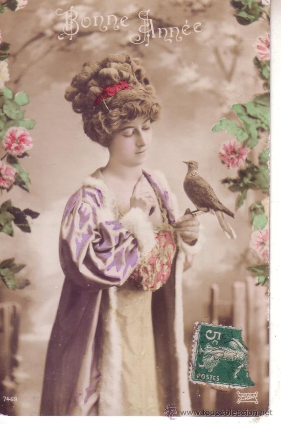 Postais: POSTAL ROMANTICA - MUJER - FLORES - FELICITACION A&Ntilde;O - PALOMA - 1910/20