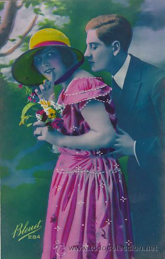 Cartoline: Una pareja de enamorados, Coloreada a mano, escrita en 1924