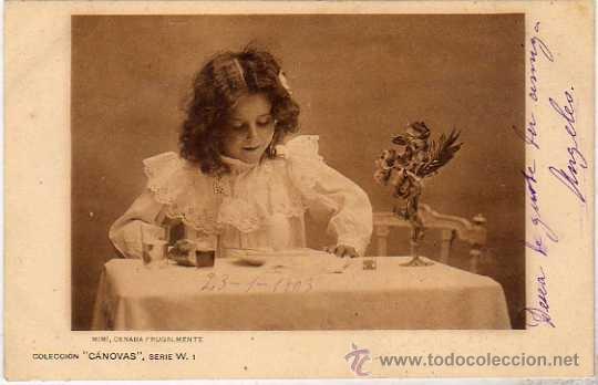Postais: Coleccion Canovas. Serie W 1 Mim&iacute;, cenaba frugalmente. Reverso sin dividir. Sin circular.