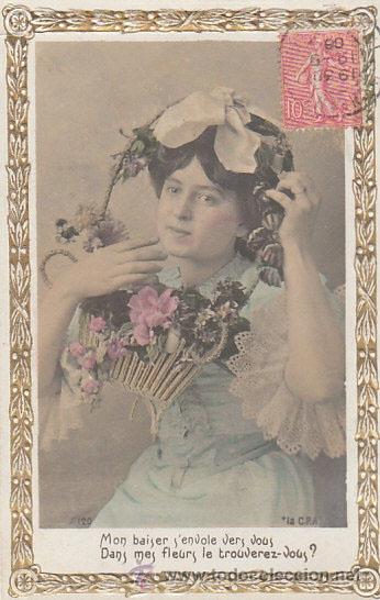 Postales: chica con cesta de flores, circulada en 1906 - Foto 1