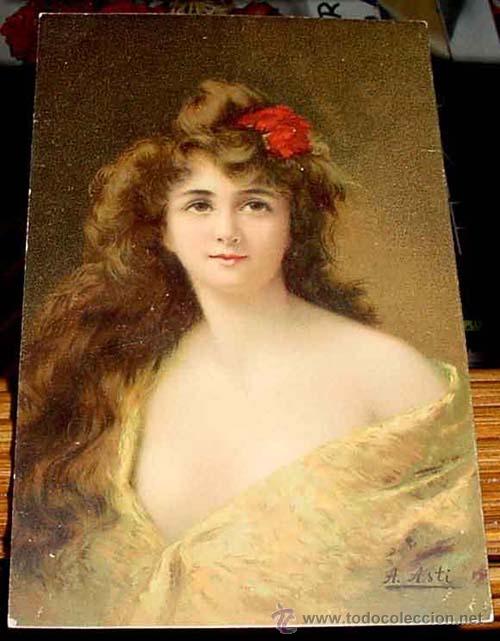 Postcards: ANTIGUA POSTAL MUJER - ILUSTRACION DE UNA MUJER CON UNA FLOR ROJA EN EL CABELLO - A. ASTI - NO CIRCU