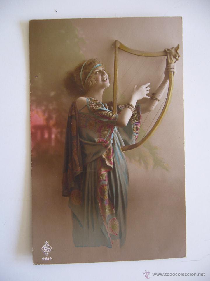 Postais: Postal Rom&aacute;ntica de Mujer con arpa. 4614. Circulada 1921.