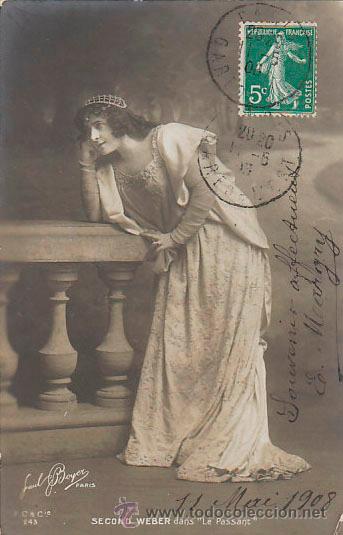 Postales: Second Weber, actriz de teatro en la obra Le Passant, circulada en 1908 - Foto 1