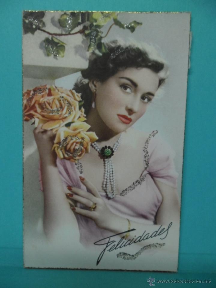 Postais: POSTAL ESCRITA 1953 - DECORADA CON PURPURINA - MUJER CON ROSAS