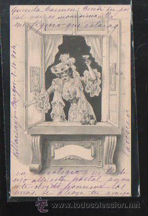 Postais: TARJETA POSTAL DE GALANTES Y MUJERES. SE&Ntilde;ORA ASOMADA AL BALCON.