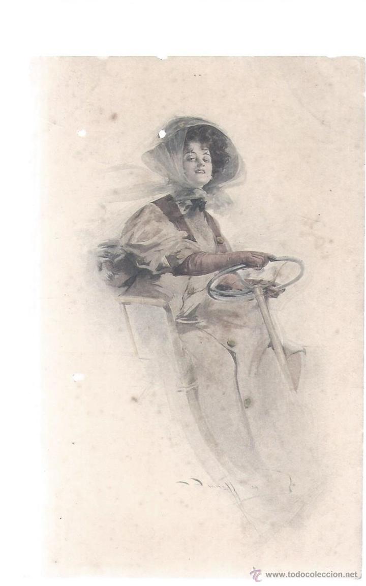 Cartes Postales: TARJETA POSTAL GALANTES Y MUJERES, DAMA CON SOMBRERO AL VOLANTE, COLOR 702 MUNK WIEN