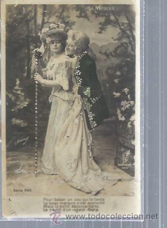 Postais: TARJETA POSTAL PAREJA ROM&Aacute;NTICA RENACENTISTA, ADORNOS BRILLO, SERIE 864, CON MENSAJE,LA MOUCHE,SEPIA