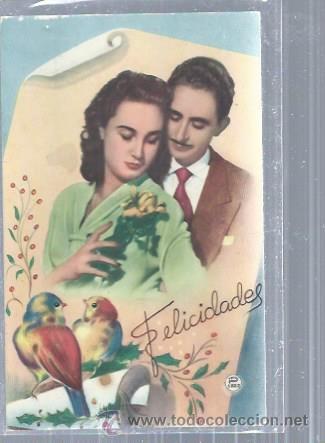 Postais: TARJETA POSTAL PAREJA DE ENAMORADOS Y ADORNANDO PAJARITOS, FELICIDADES, COLOR 1842