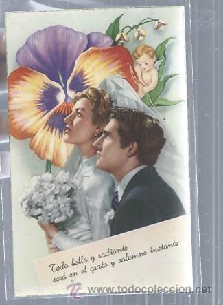 Postais: TARJETA POSTAL PAREJA DE NOVIOS, AL FONDO CUPIDO, BODA, SOLEMNE INSTANTE EL DEL S&Iacute; QUIERO