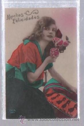 Postcards: TARJETA POSTAL DE GALANTES Y MUJERES. MUCHAS FELICIDADES. REX 1684. MUJER CON FLORES. A COLOR