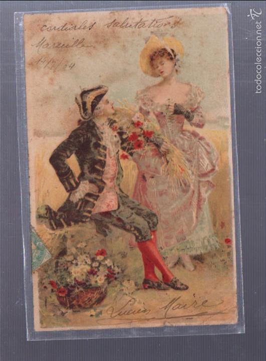 Cartoline: TARJETA POSTAL DE GALAN DANDO RAMO DE FLORES A MUJER.