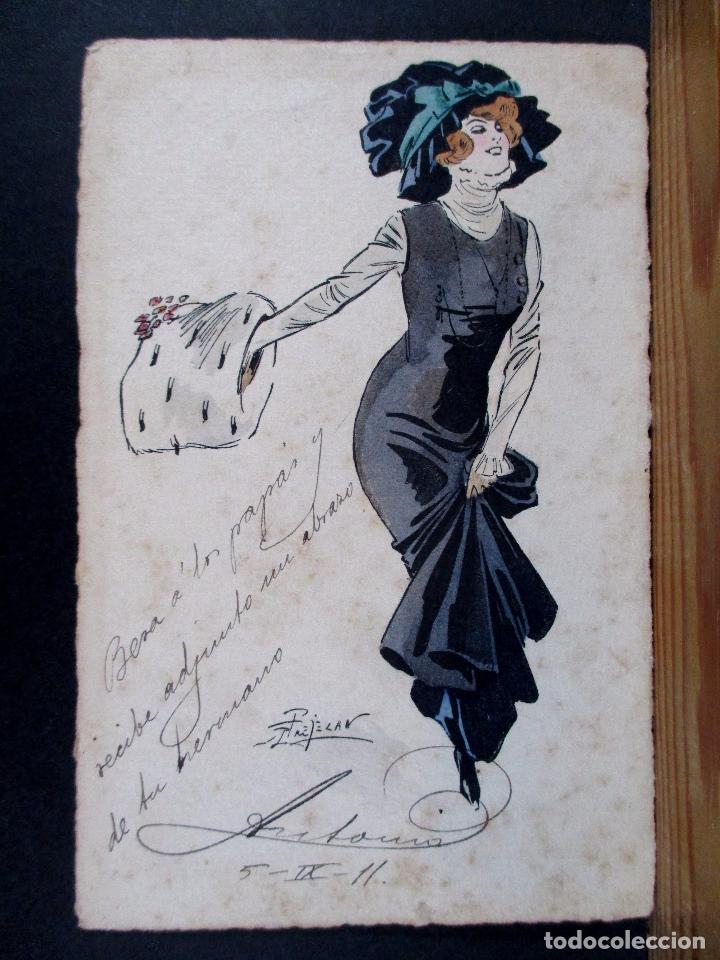 postal antigua , dibujo mujer vestido negro - p - Compra venta en  todocoleccion