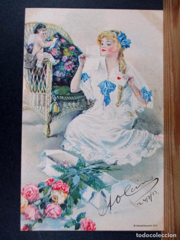 Postais: POSTAL ANTIGUA , DIBUJO MUJER CON FLORES, CARTA AMOR , CUPIDO - P2587