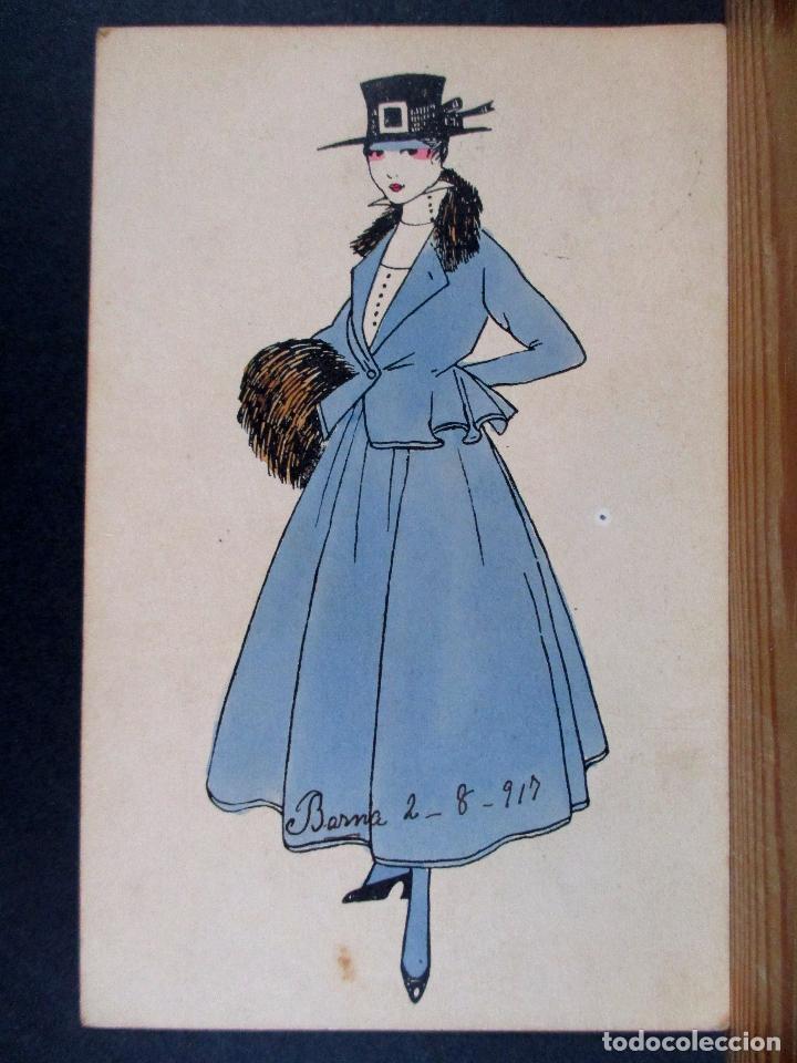postal antigua , dibujo mujer vestido azul - p2 - Compra venta en  todocoleccion