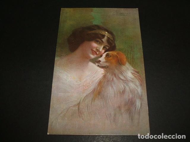 Postales: MUJER CON PERRO POSTAL ILUSTRADA - Foto 1