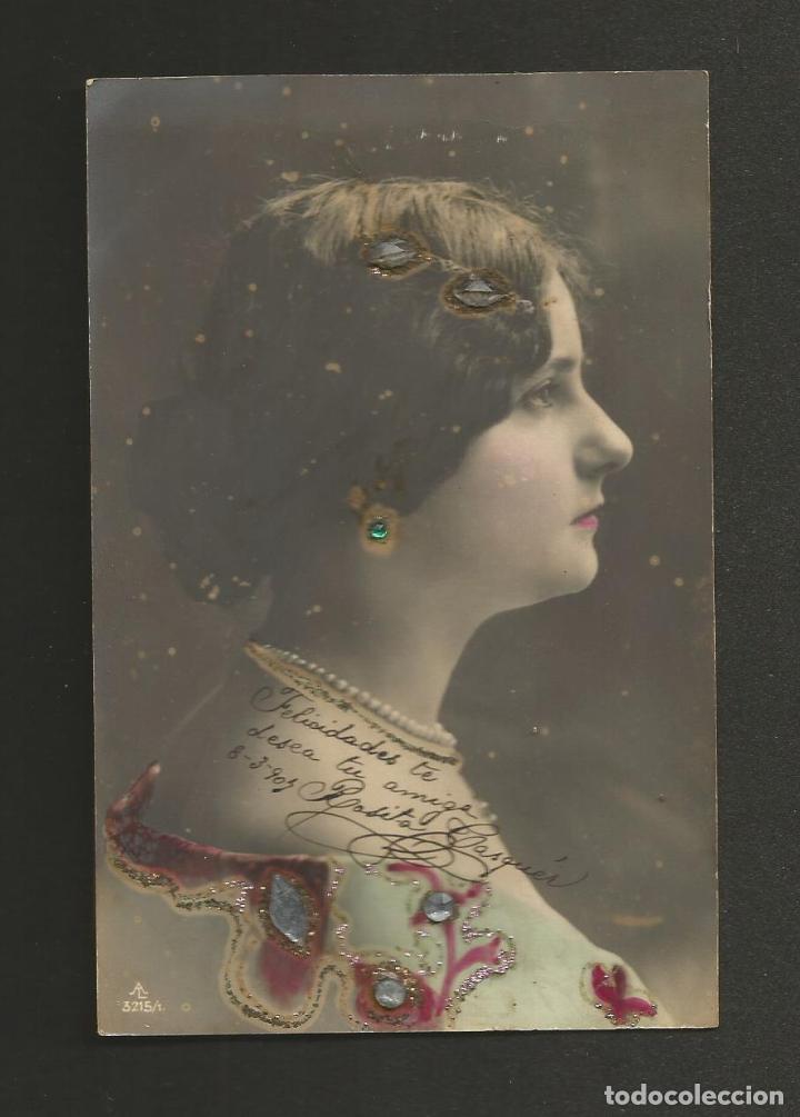 Postales: Dama de &Eacute;poca Bella Se&ntilde;ora Rom&aacute;ntica Postal antigua modernista coloreada purpurina y piedras 1907