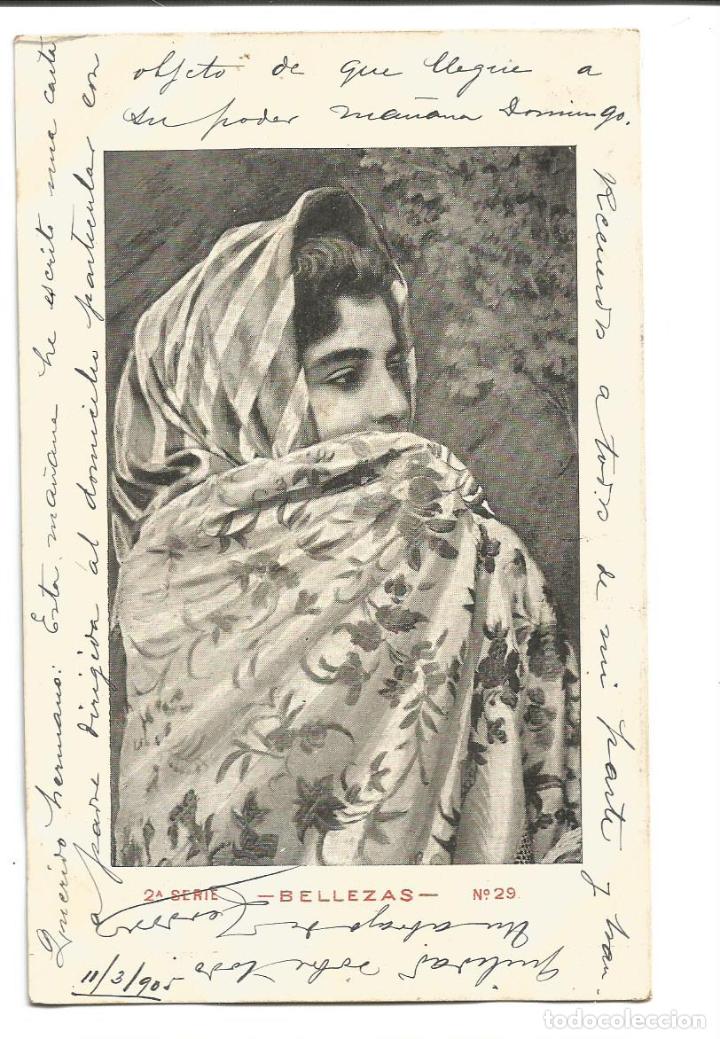 Postkarten: Dama de &Eacute;poca Bella Se&ntilde;orita con velo mant&oacute;n Rom&aacute;ntica Postal antigua modernista 1905
