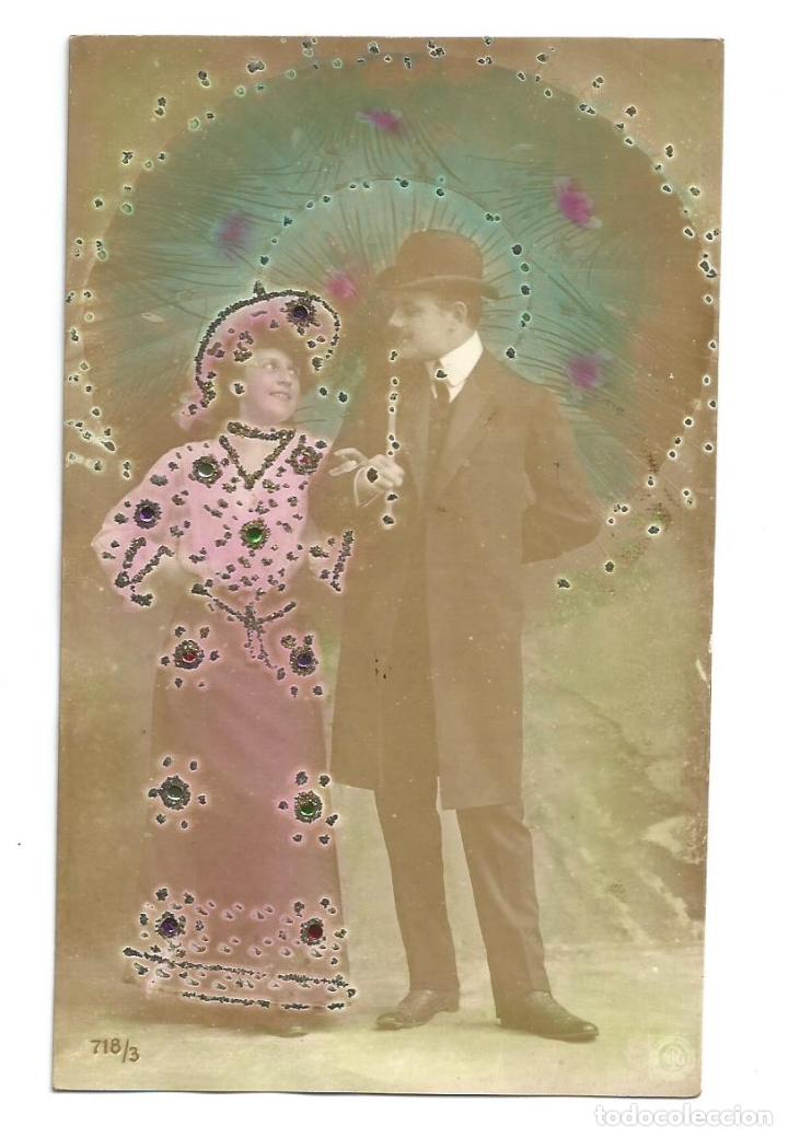 Postais: Dama de &Eacute;poca Bella Se&ntilde;orita y Caballero Postal antigua modernista purpurina incrustaciones cristal